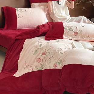 法式 加厚珊瑚绒结婚床单床品 浪漫花卉牛奶绒婚庆四件套红色秋冬季