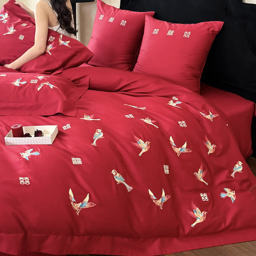 中式婚庆100支长绒棉刺绣四件套