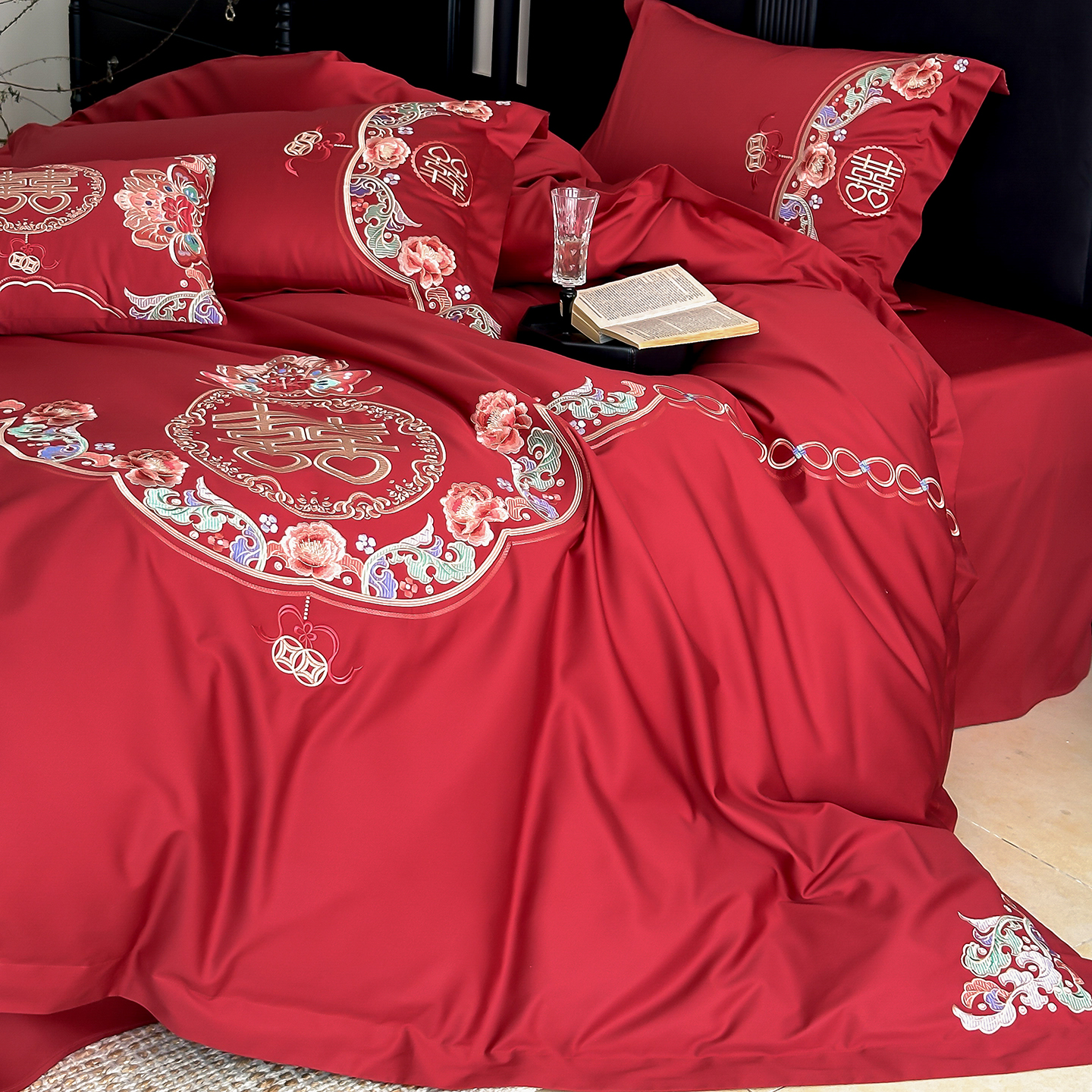锦绣良缘中式刺绣纯棉婚庆四件套
