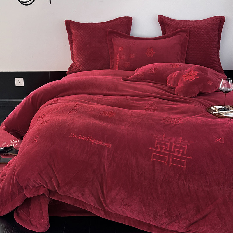中国风冬季牛奶绒婚庆四件套红色珊瑚绒喜字被套加厚保暖结婚床品,床上用品,婚庆床品套件,淘宝优惠券,粉丝福利购,淘宝优惠卷