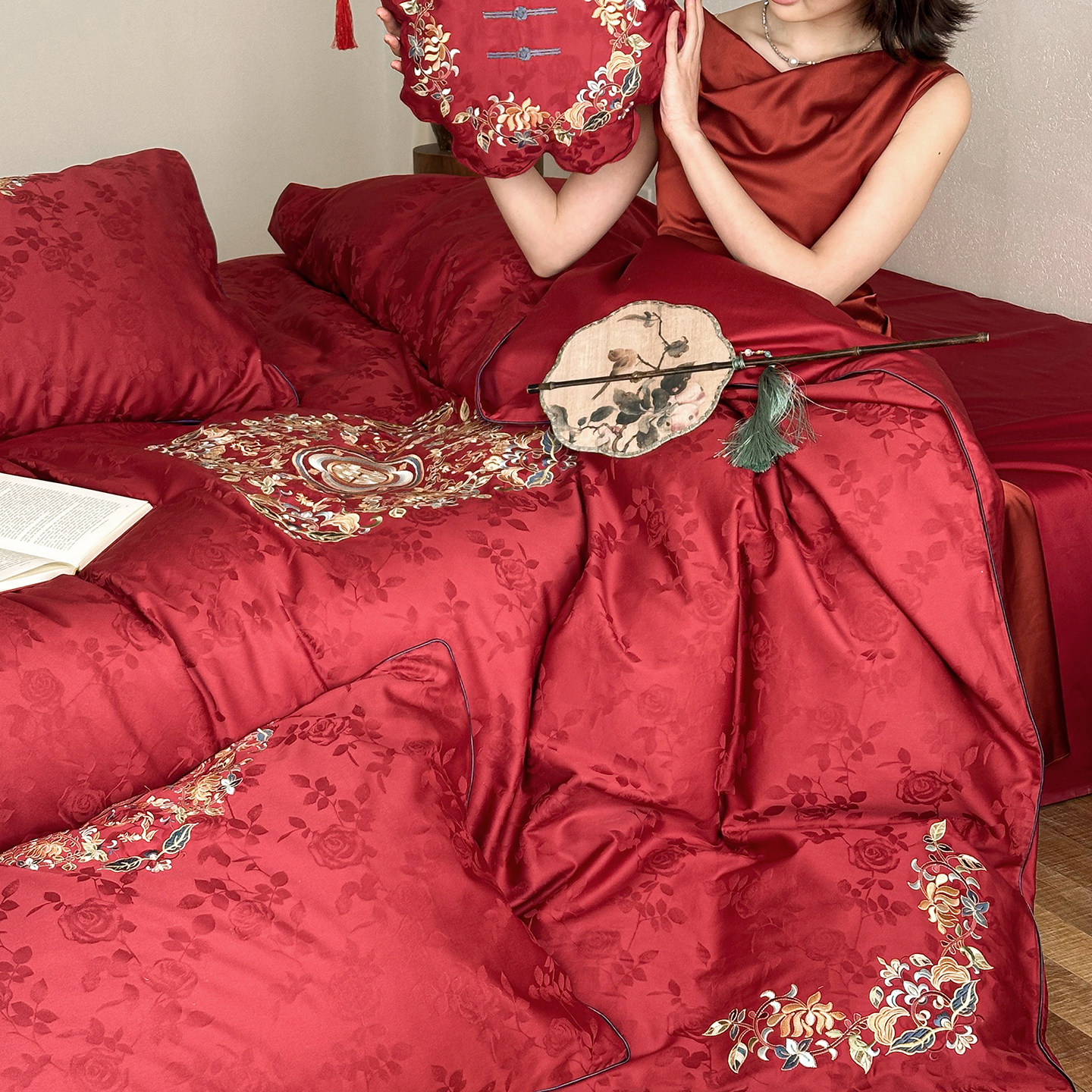 花好月圆丨新中式婚庆四件套长绒棉纯棉玫瑰提花被套红色结婚床品