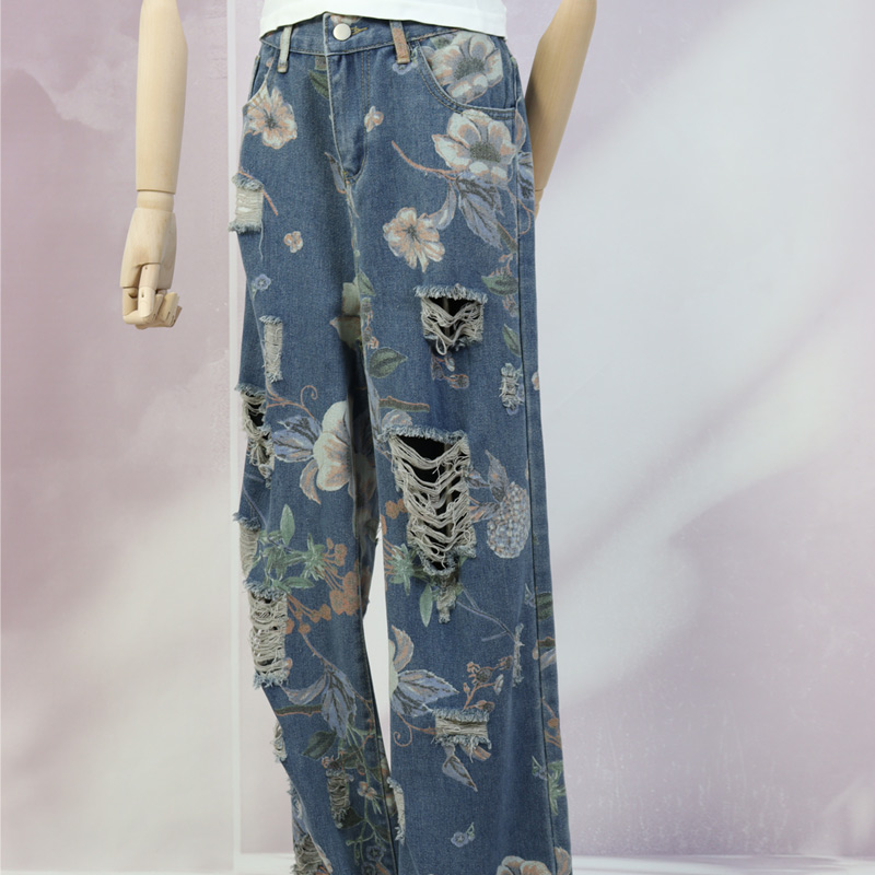 复古印花破洞直筒阔腿牛仔长裤