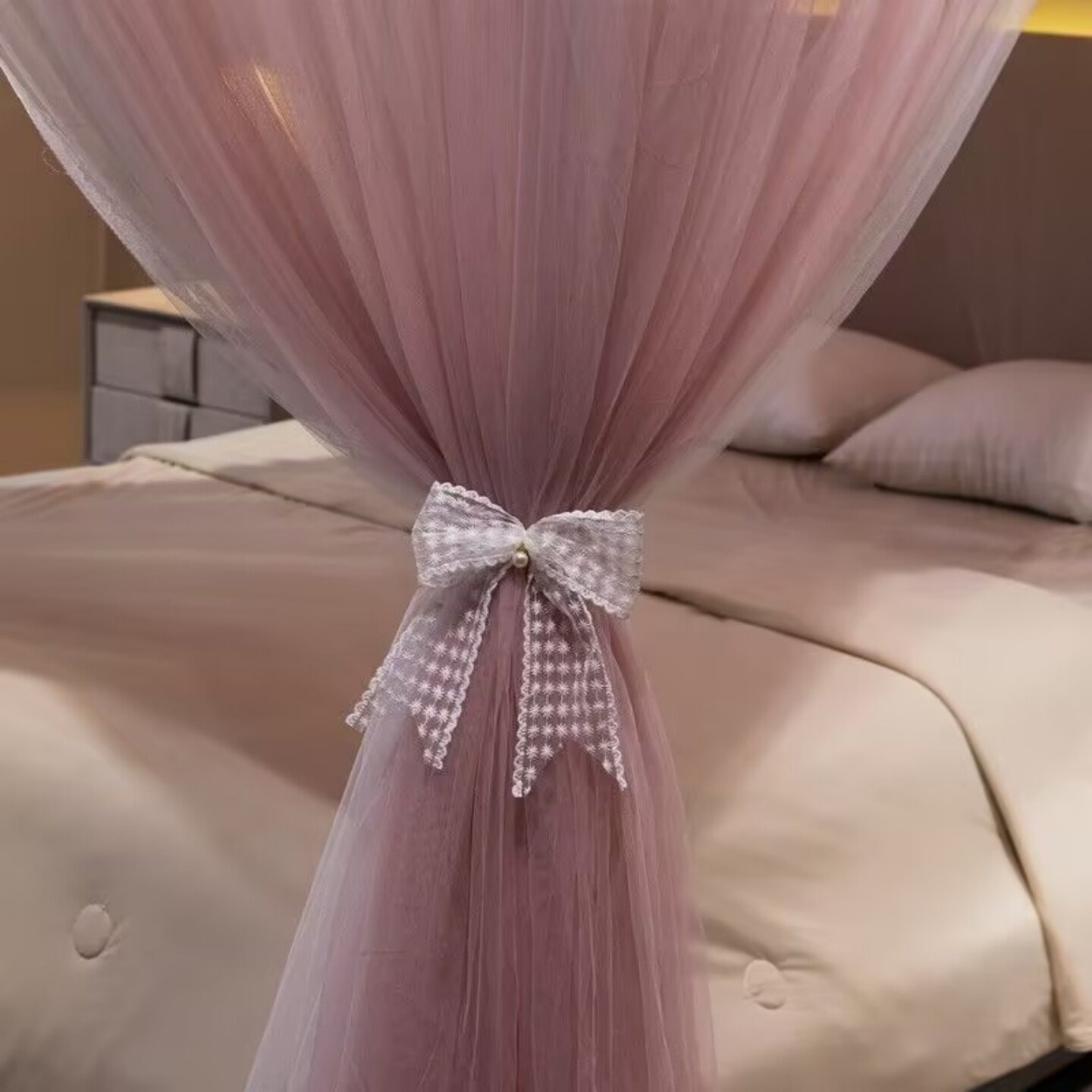 落地蚊帐蝴蝶结绑带纱质透明蕾丝花纹米色白色百搭窗帘头花通用