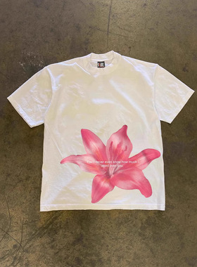 2025新款克重磅纯棉美式overs百搭花朵印花情侣女宽松短袖T恤男潮