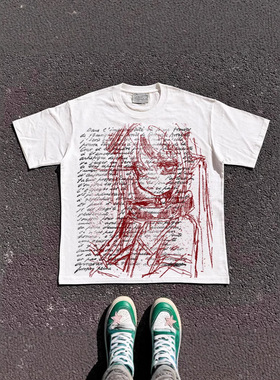 2025新款克重磅纯棉美式overs手绘女孩印花情侣款女宽松短袖T恤男