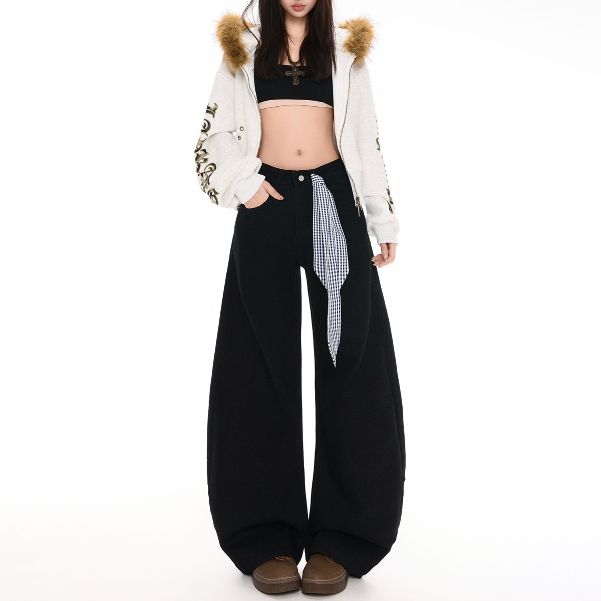 中性美式复古阔腿弯刀裤男女春新款设计感高腰直筒拖地百搭牛仔裤