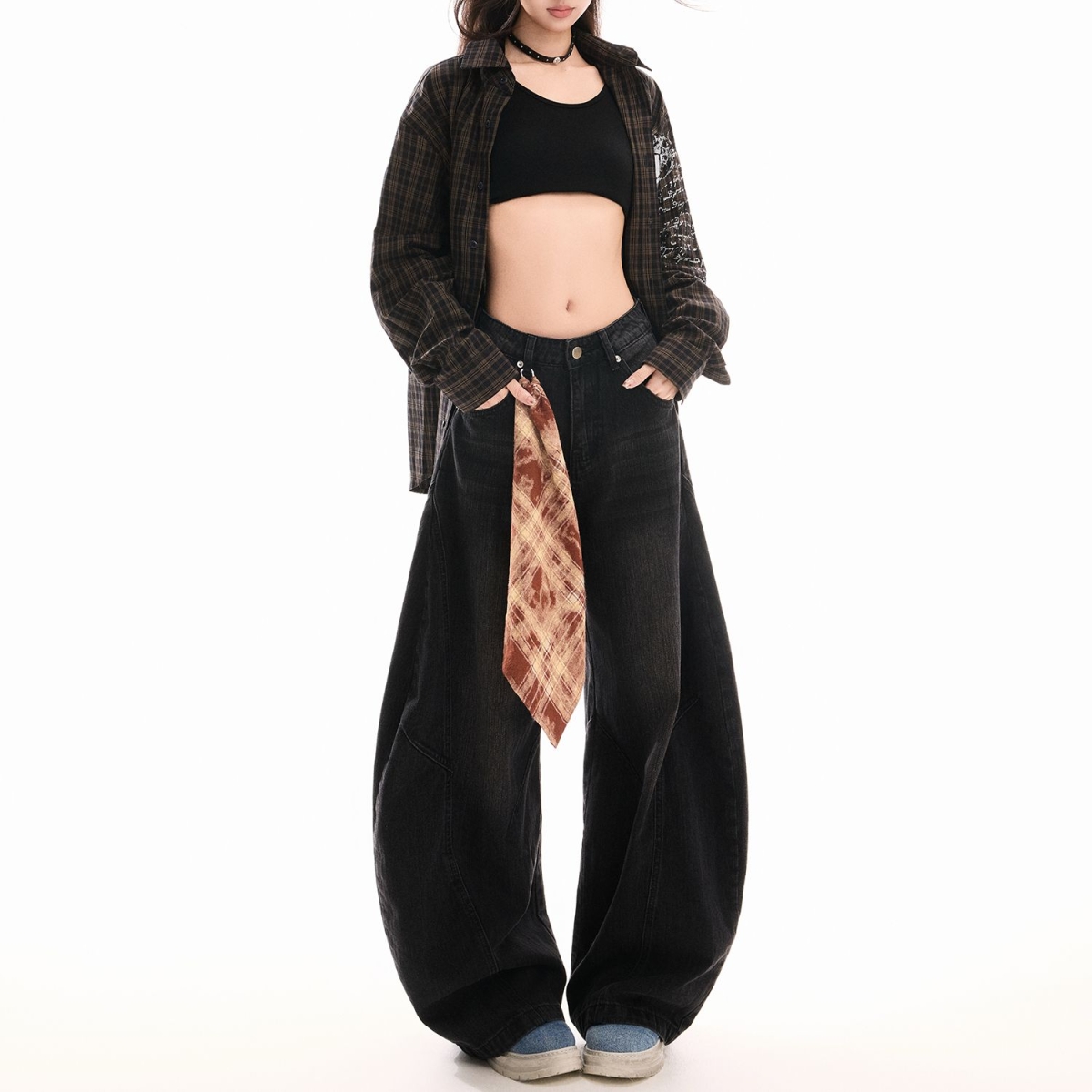 复古高街宽松阔腿牛仔裤女春洗美式设计感高腰垂感弯刀裤男潮
