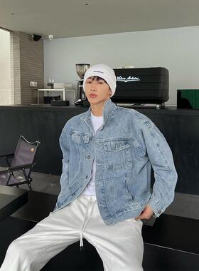 XBT新款秋季浅蓝色牛仔外套男潮流百搭夹克男宽松牛仔衣