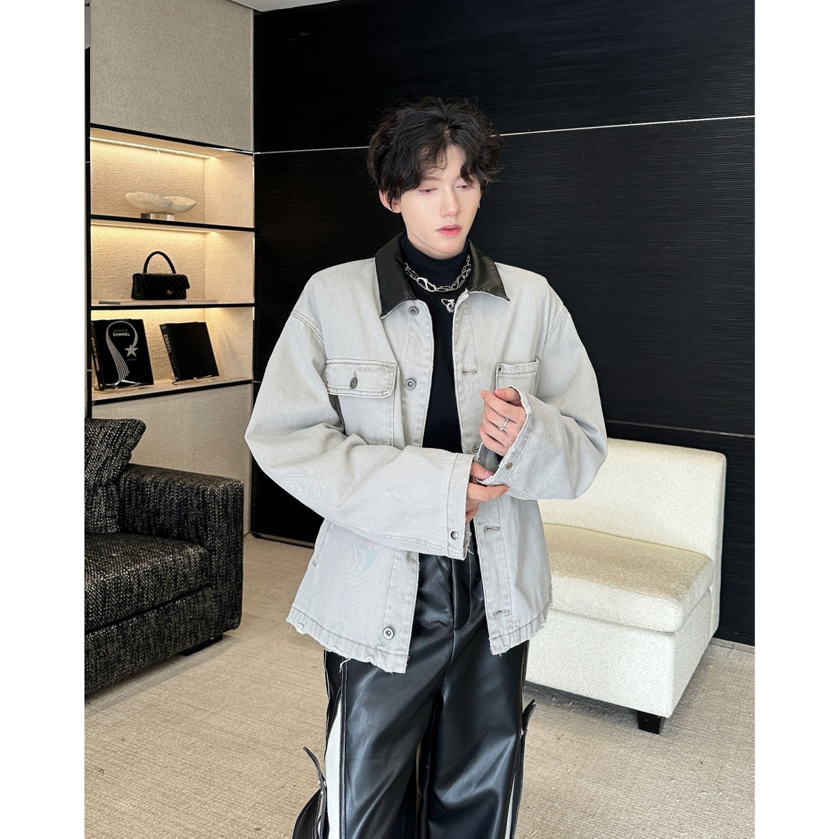 美式撞色拼接设计感牛仔工装男高街潮牌复古个性翻领夹克外套