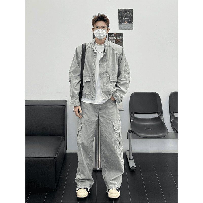 男生春秋季穿搭立领工装夹克牛仔外套高级感痞帅短款垫肩休闲上衣