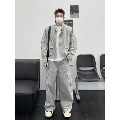 男生春秋季穿搭立领工装夹克牛仔外套高级感痞帅短款垫肩休闲上衣