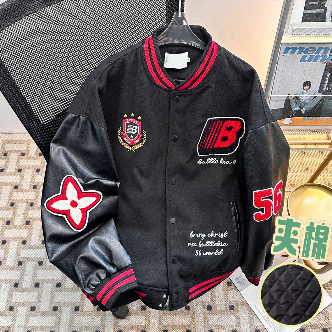 美式复古盾徽撞色夹克男女风重磅设计感外套秋冬保暖潮流