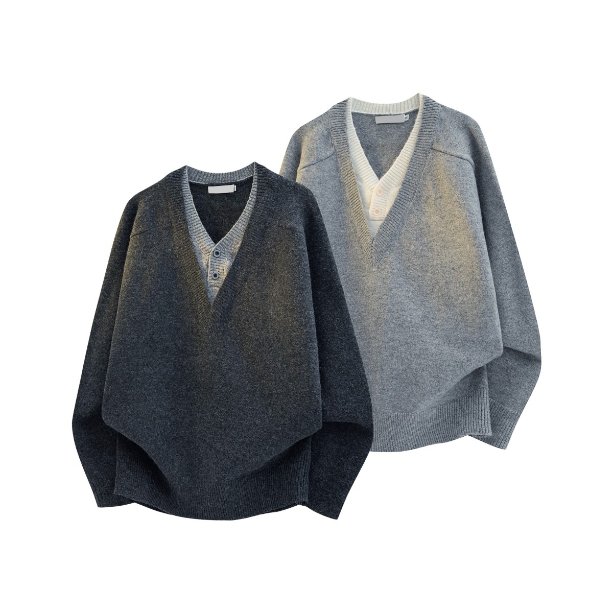 深灰色假两件V领毛衣男款秋冬美式覆古针织衫老钱风慵懒开衫外套,男装,针织衫/毛衣,淘宝优惠券,粉丝福利购,淘宝优惠卷