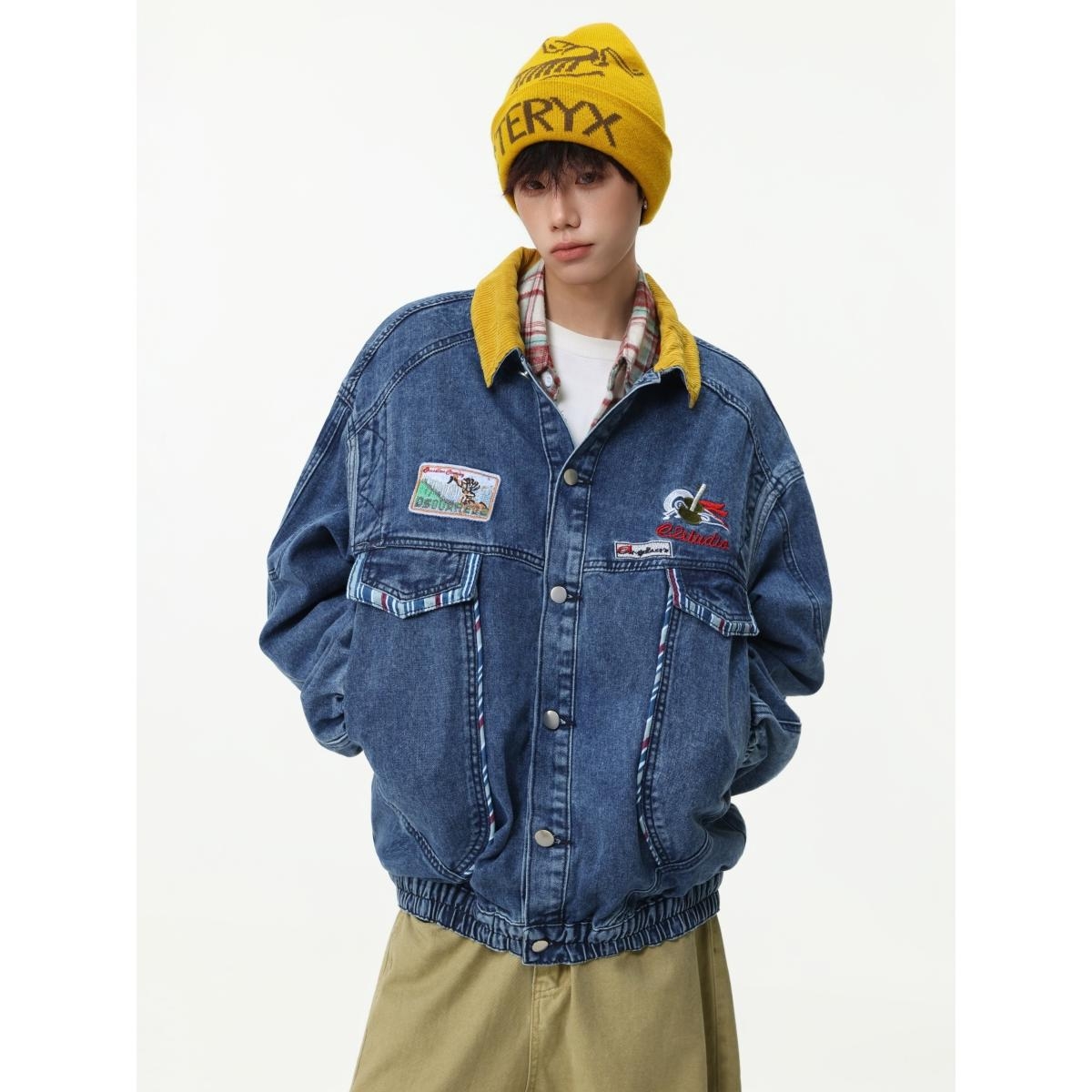 美式复古拼接刺绣大口袋牛仔外套男女宽松撞色翻领夹克百搭情侣