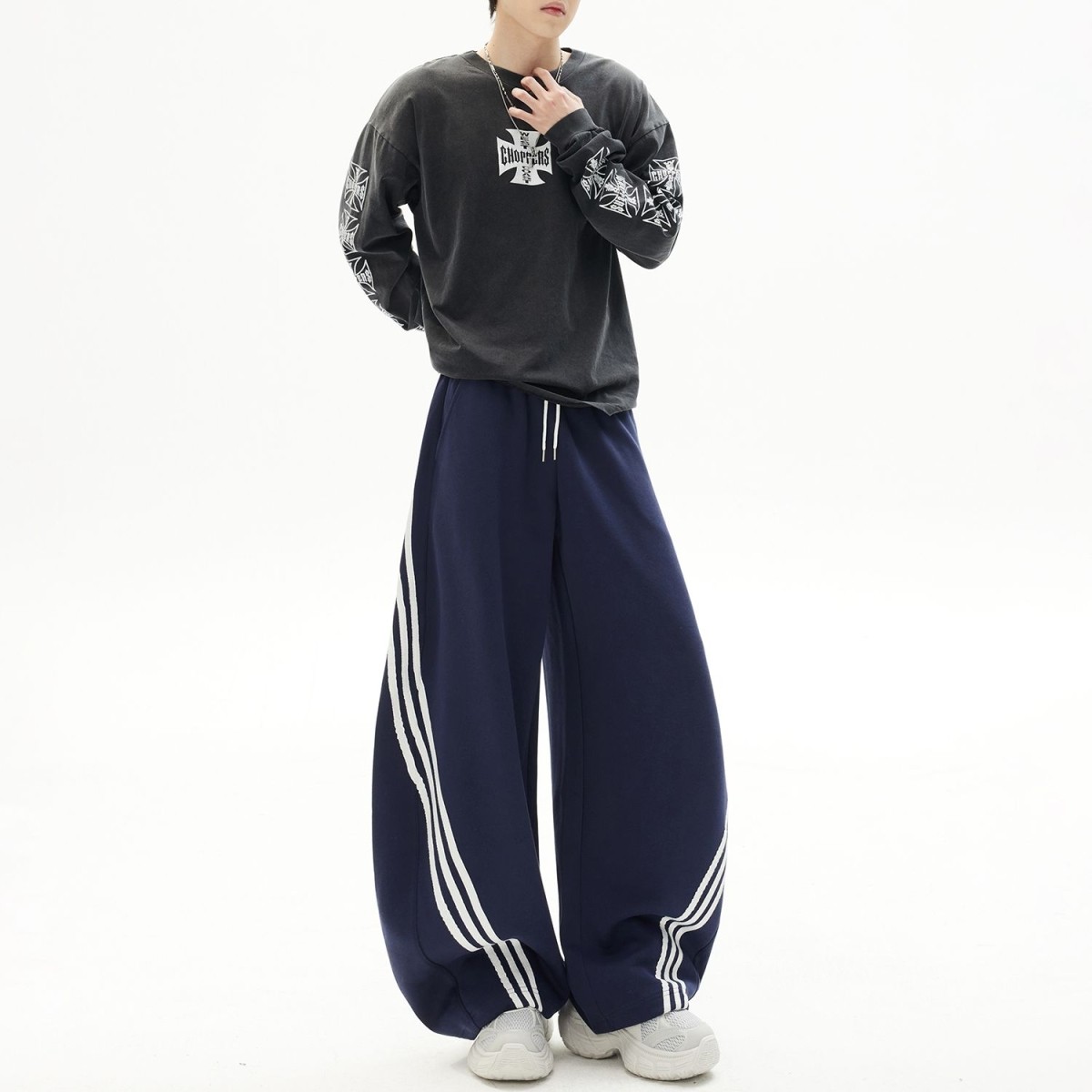 美式重磅撞色条纹卫裤男女秋季宽松垂感情侣休闲裤阔腿拖地长裤子,男装,休闲裤,淘宝优惠券,粉丝福利购,淘宝优惠卷