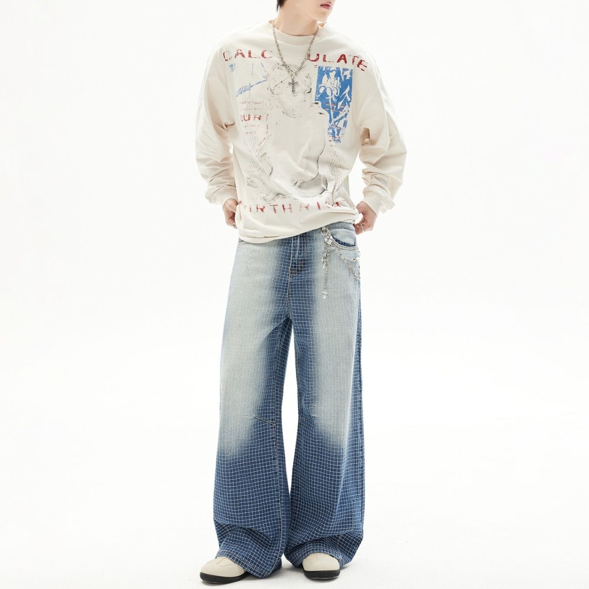 中性春季新品刺绣格子裤男裥线宽松水洗渐变蓝色直筒阔腿牛仔裤女,男装,牛仔裤,淘宝优惠券,粉丝福利购,淘宝优惠卷