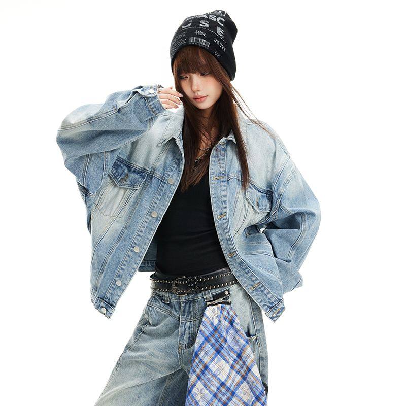美式复古渐变牛仔外套女早春季新款翻领百搭宽松休闲夹克上衣男潮,女装/女士精品,短外套,淘宝优惠券,粉丝福利购,淘宝优惠卷