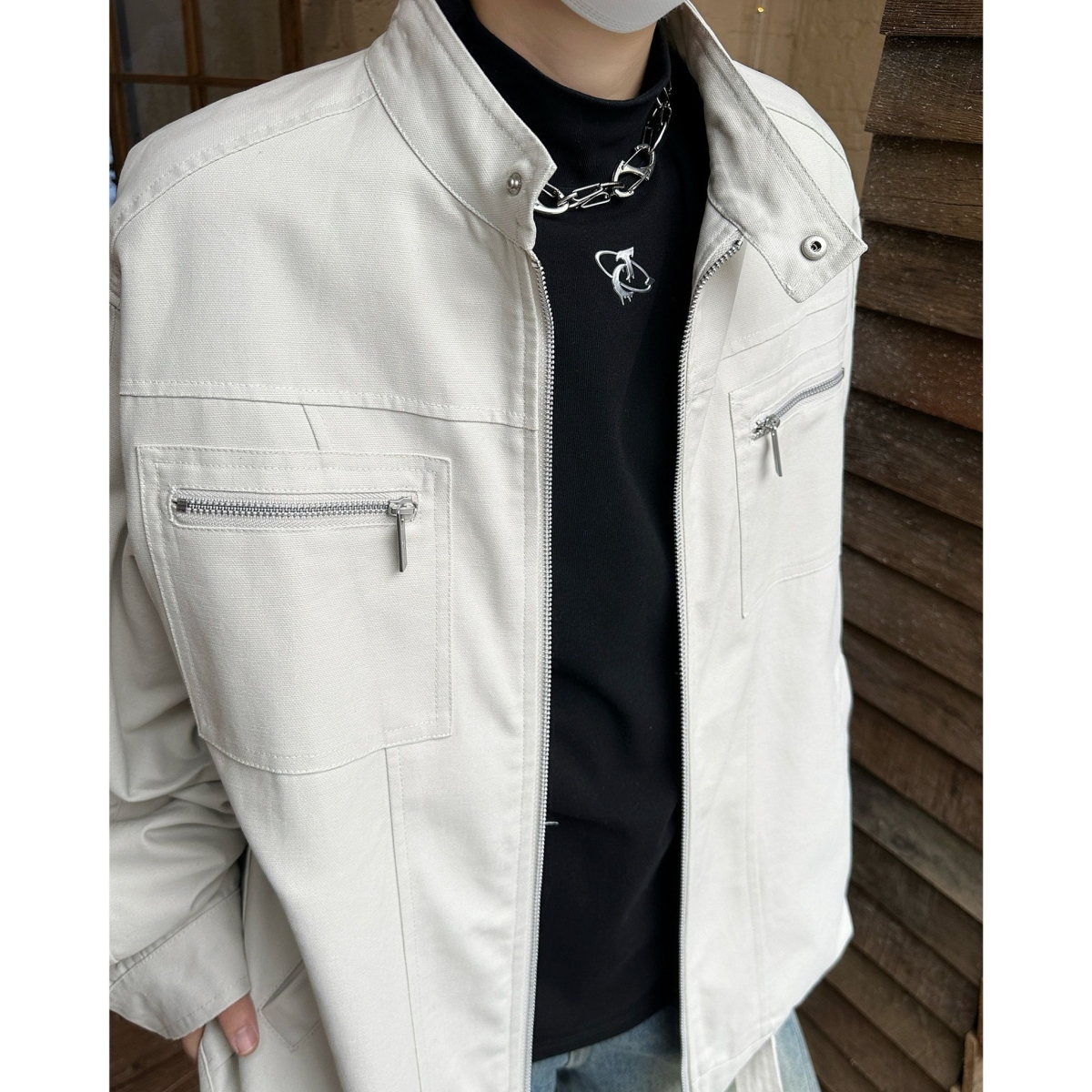 cleanfit藏青色水洗牛仔外套男秋冬款美式复古立领工装哈灵顿夹克