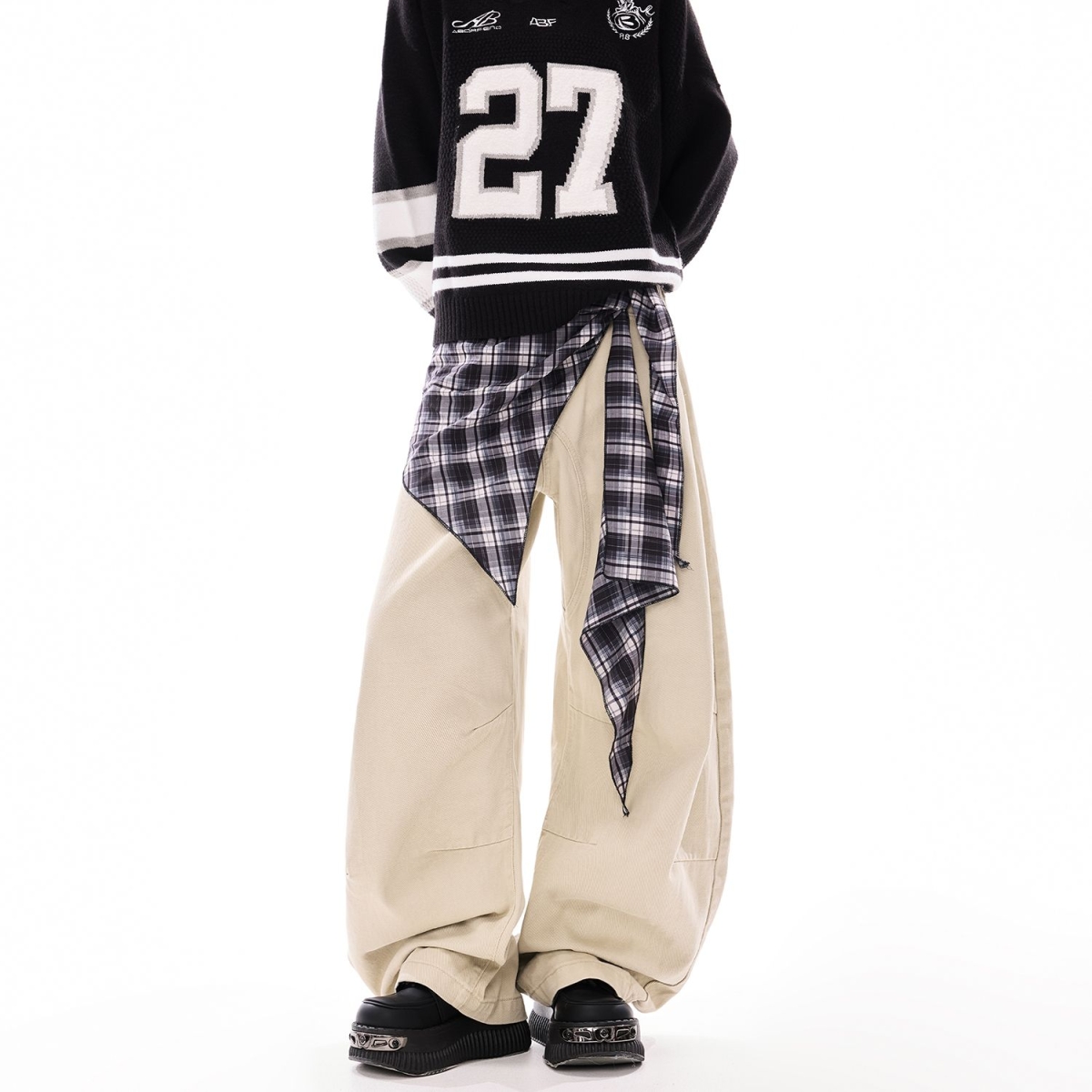 中性美式复古阔腿弯刀裤男女春新款设计感高腰直筒拖地屁帘牛仔裤