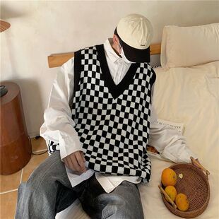 套装 早秋季 时尚 格子毛衣男学院针织马甲上衣男装 高级感 2021年新款