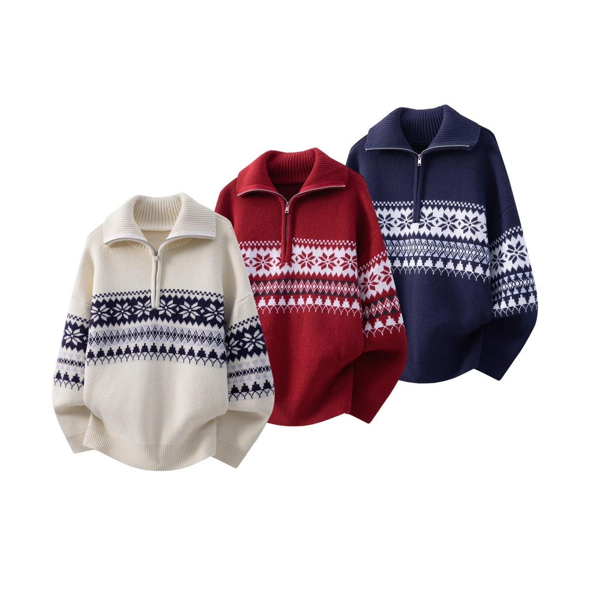 美式复古费尔岛提花针织衫男女半拉链高领毛衣慵懒感宽松潮流外套