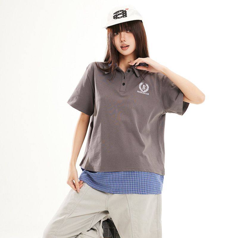 学院风假两件POLO衫短袖T恤百搭格纹拼接翻领情侣休闲宽松潮T上衣,女装/女士精品,POLO衫,淘宝优惠券,粉丝福利购,淘宝优惠卷