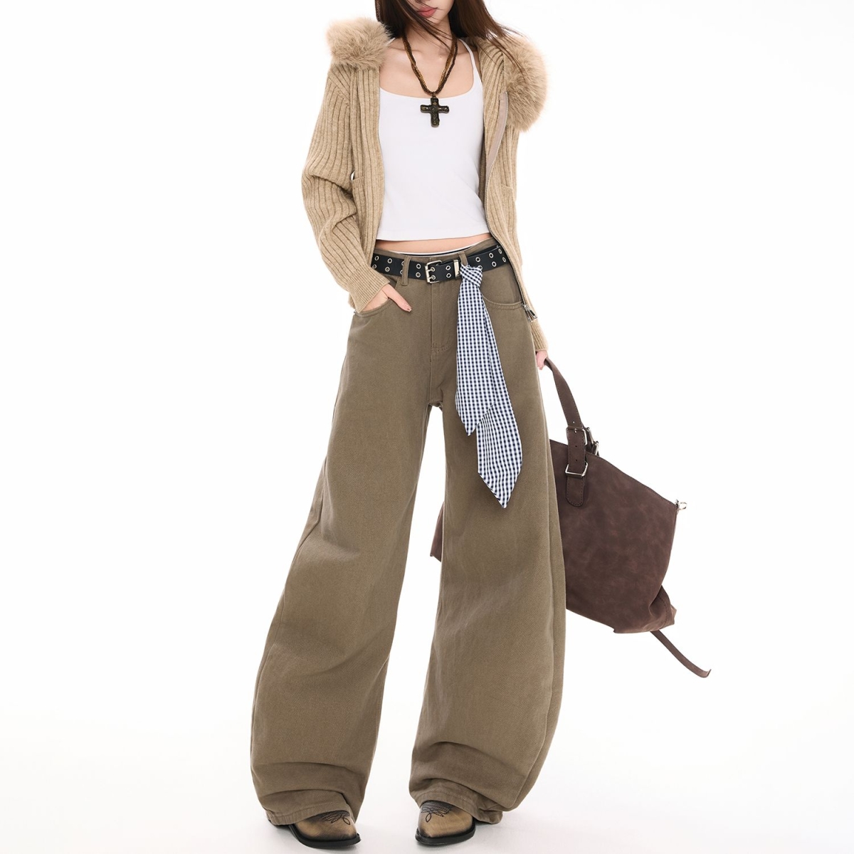 中性美式复古阔腿弯刀裤男女春新款设计感高腰直筒拖地百搭牛仔裤