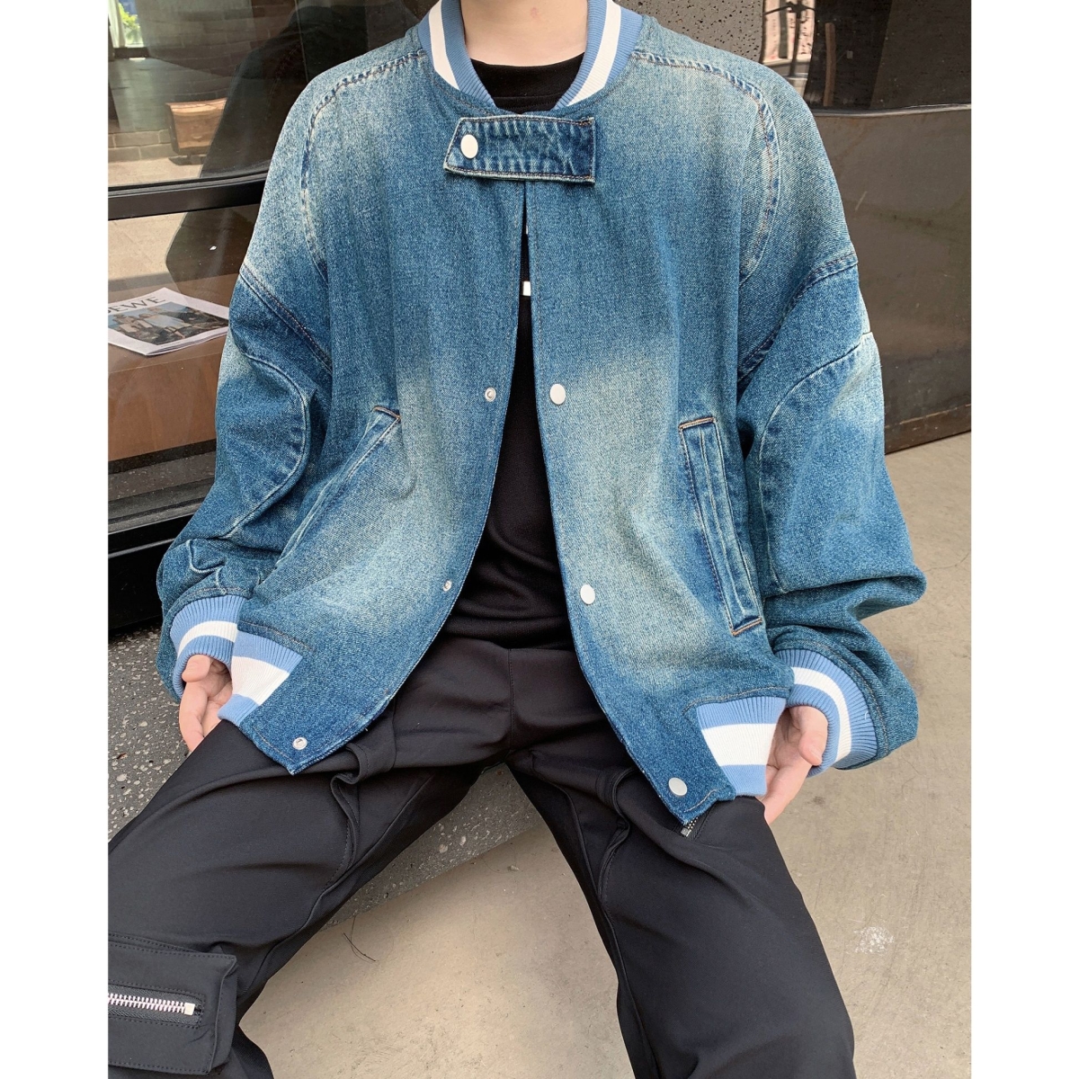 复古蓝水洗牛仔外套男街头潮牌立领棒球服休闲宽松机车服夹克