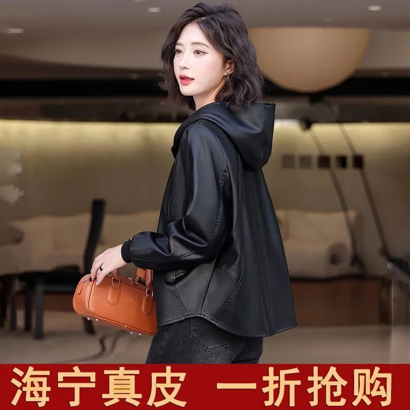 新款海宁真皮皮衣女短款宽松休闲皮衣