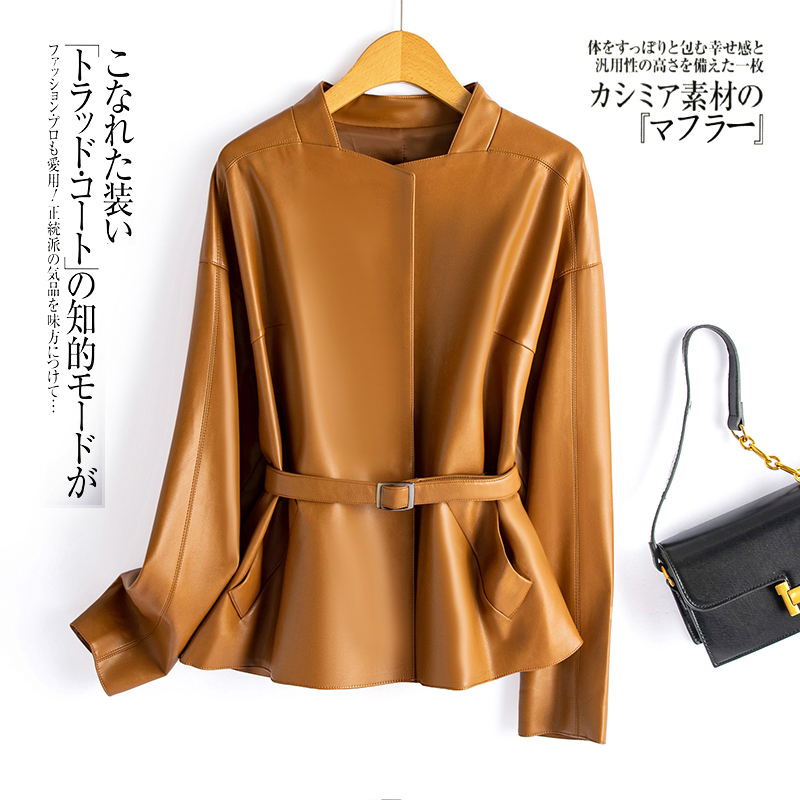 海宁真皮皮衣女短款2024春秋新款韩版束腰系带皮夹克绵羊皮小外套