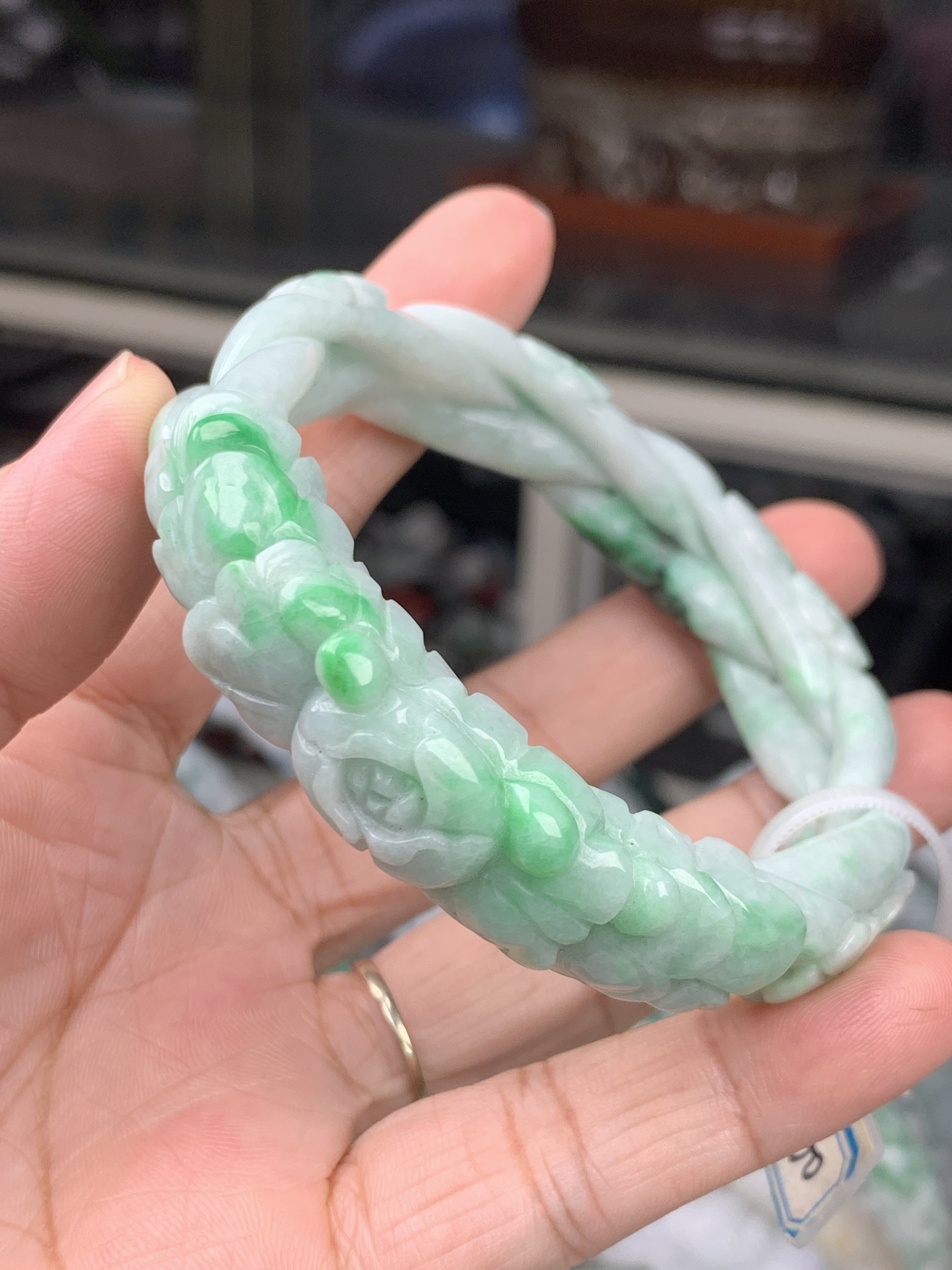 缅甸翡翠A货手镯 白底青花开富贵556-14-9.8