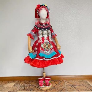 儿童彝族舞台演出服羌族羌红独唱服装女童民族表演服彝族苗族侗族