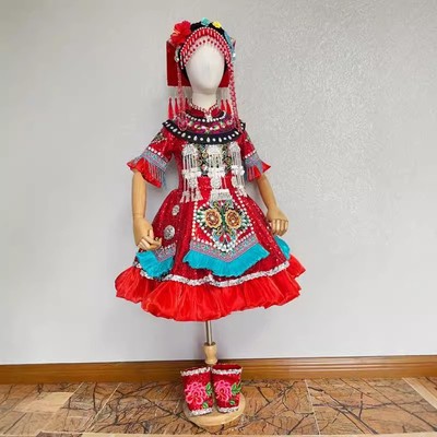 儿童彝族舞台演出服羌族羌红独唱服装女童民族表演服彝族苗族侗族