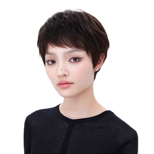 瑞贝卡假发女短发齐斜刘海纹理微卷短卷发全真发手织蓬松自然头套