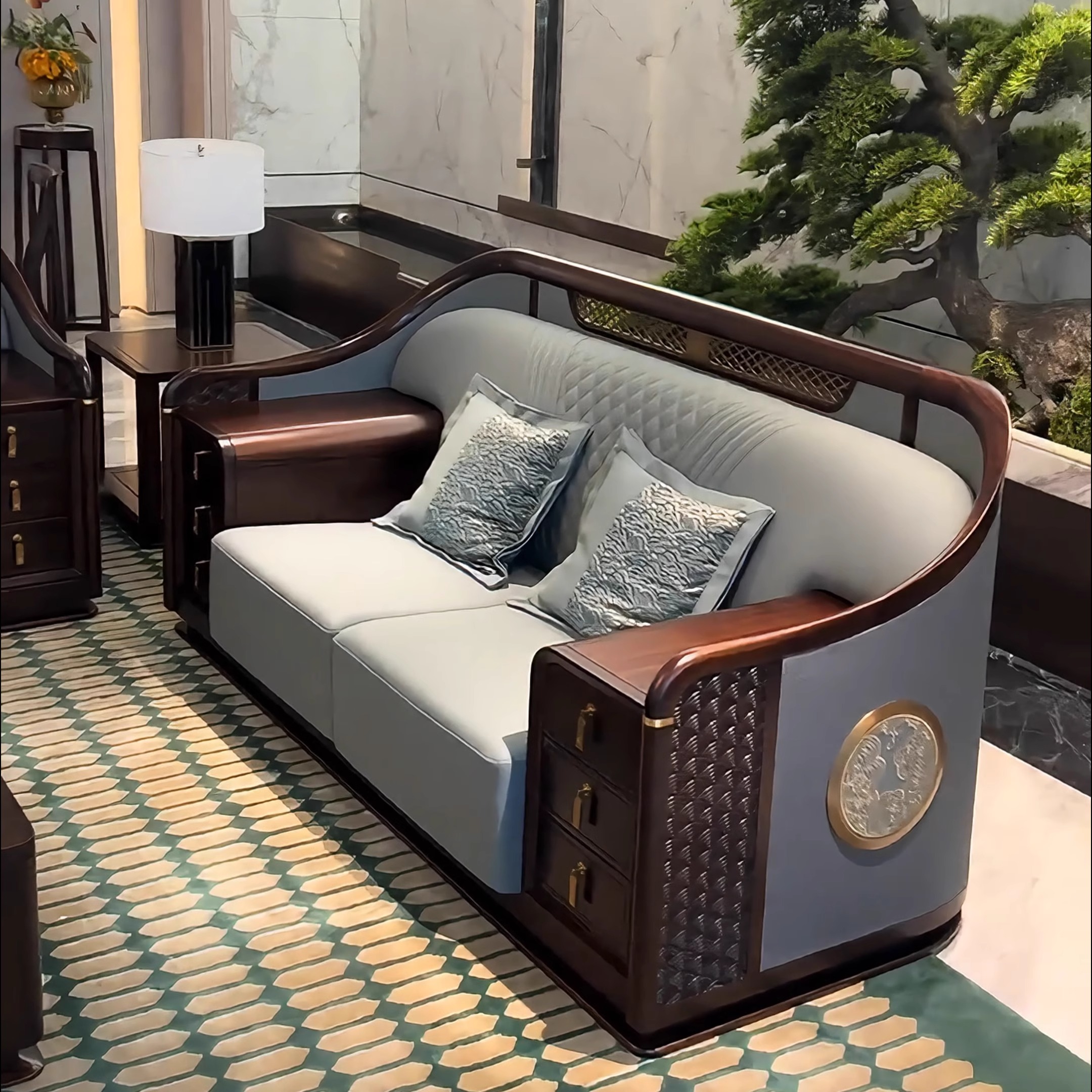 新中式乌金木沙发组合