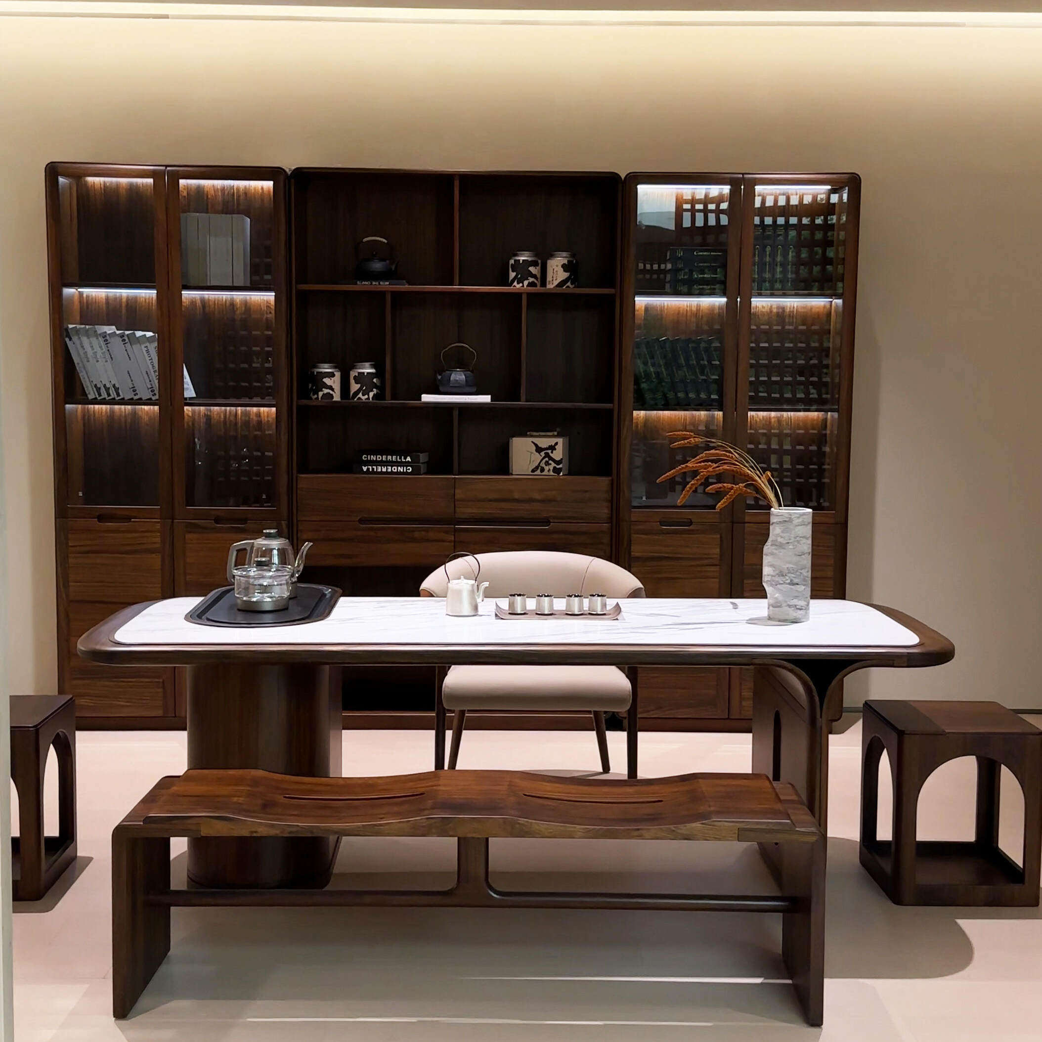 新中式实木茶桌高端北美黑胡桃木岩板茶台2026新款现代轻奢泡茶桌