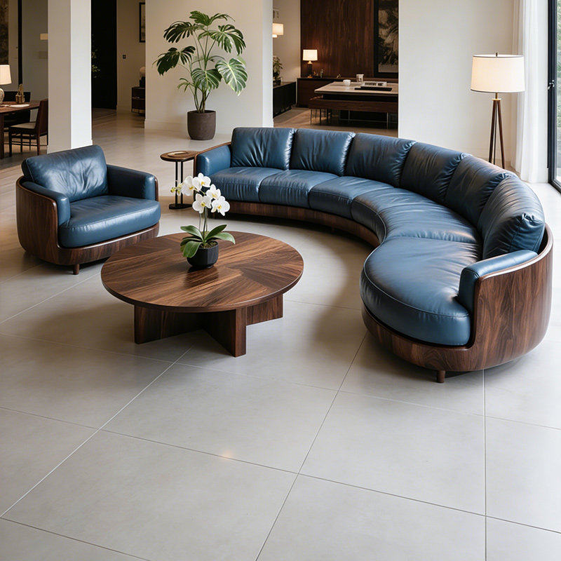 意式极简黑胡桃木弧形沙发组合实木沙发客厅高端皮艺沙发中古风,住宅家具,实木沙发,淘宝优惠券,粉丝福利购,淘宝优惠卷