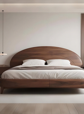 中古风卧室实木双人床胡桃木欧式圆形靠背床主卧大气设计师款弧形