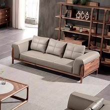 实木沙发客厅现代简约轻奢意式高端中式别墅样板房皮艺三人位直排