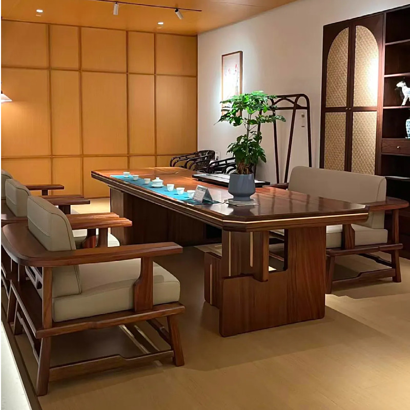 新中式实木办公茶桌黑胡桃木新款老板桌大班台现代简约茶室茶空间