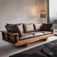 新中式家具实木沙发榫卯框架禅意真皮直排小户型客厅家用定制沙发