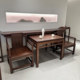 新中式实木中堂六件套农村条案翘头八仙桌神台雕花乌金木供桌堂屋