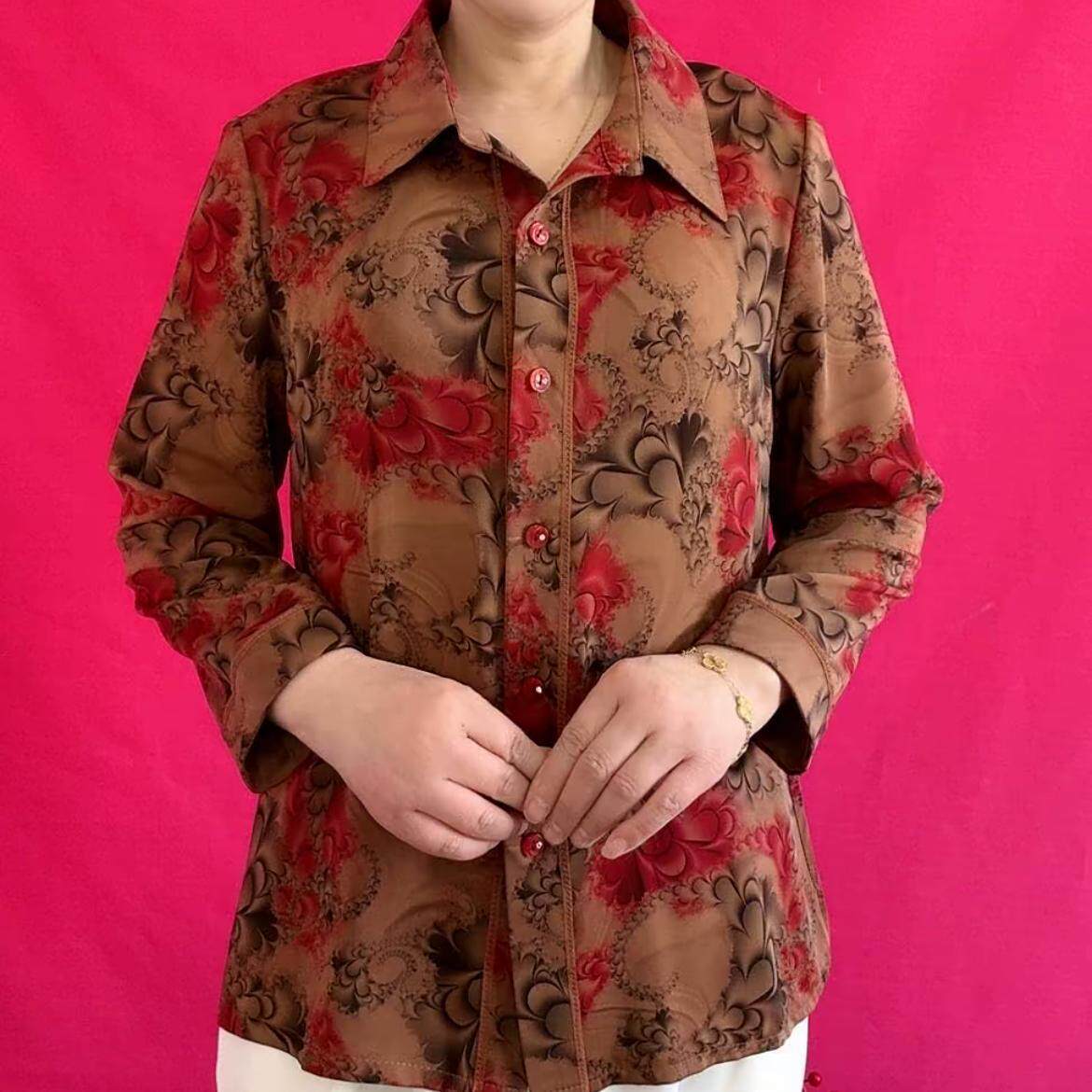 富婆衬衫秋装中老年妈妈衬衫上衣宽松遮肉遮肚子显瘦长袖翻领开衫