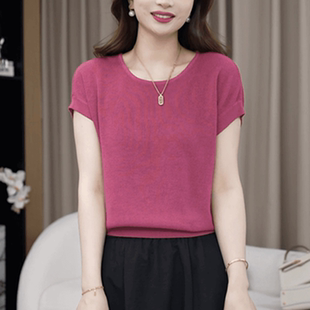 休闲短袖 秋季 时尚 薄款 通勤减龄上衣 网红简约风纯色冰丝冰丝针织衫