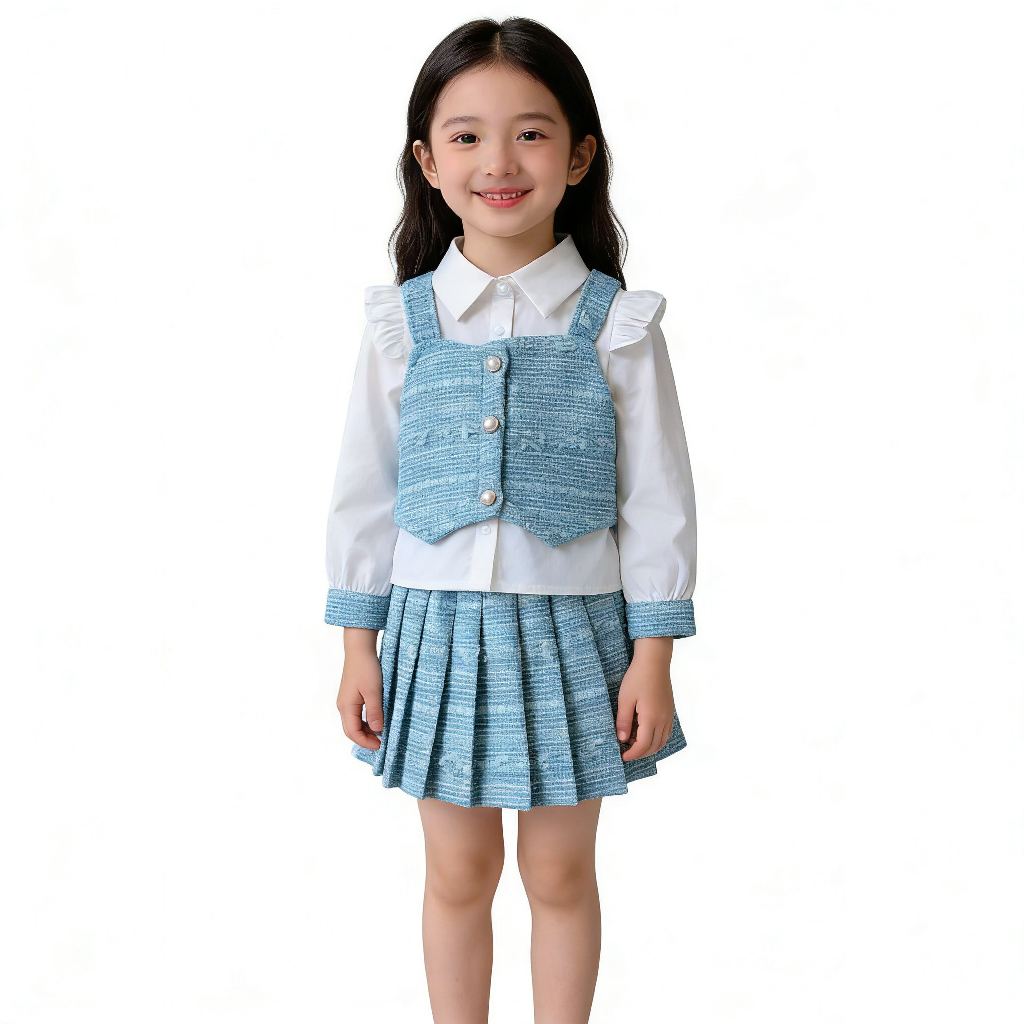 春秋女童套装新款2025长袖翻领衬衫马甲百褶裙小女孩小香风三件套,童装/婴儿装/亲子装,儿童运动套装,淘宝优惠券,粉丝福利购,淘宝优惠卷