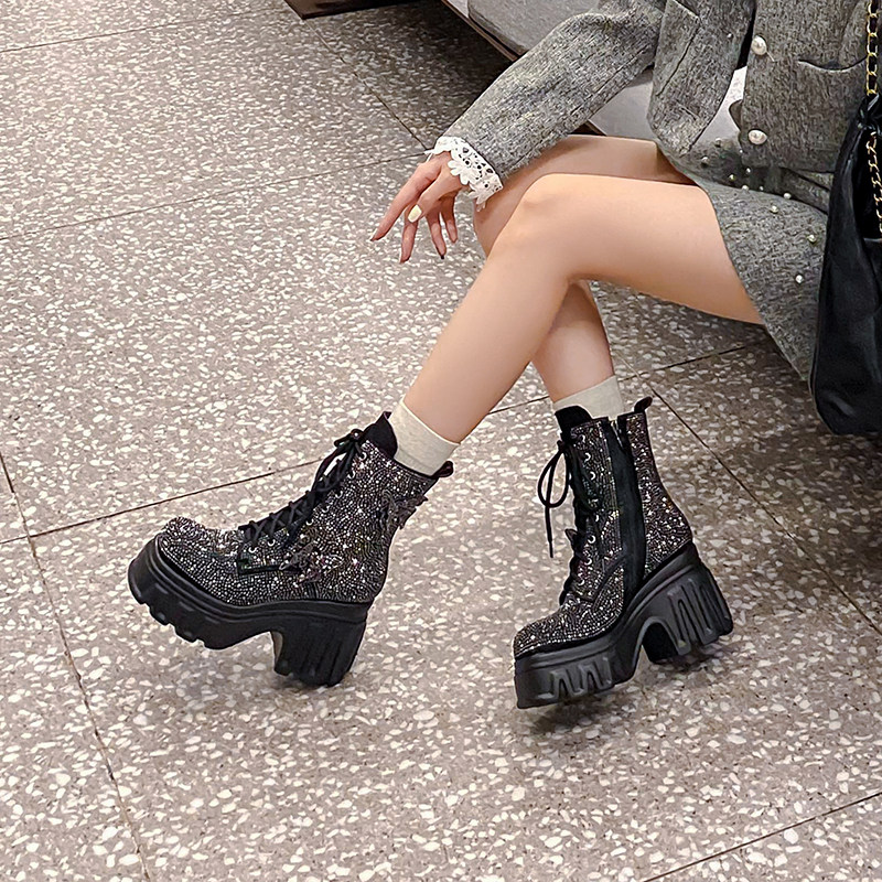 厚底粗跟马丁靴水钻短靴时尚女鞋