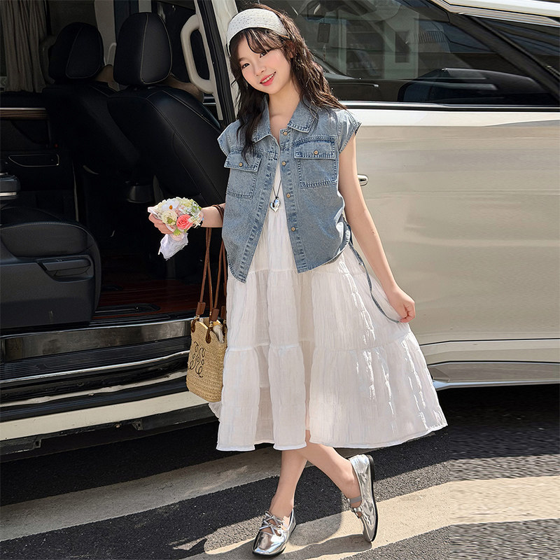 女童夏季牛仔马甲吊带裙两件套图片