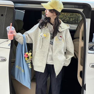 女童公仔猫咪刺绣连帽卫衣外套春秋装新款宽松拉链可爱休闲风上衣