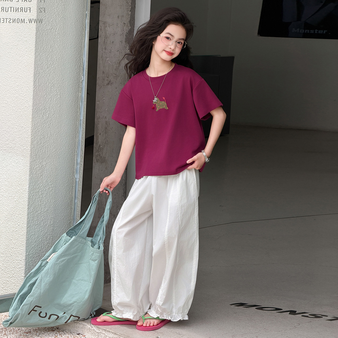 女童夏季洋气T恤气球裤两件套图片