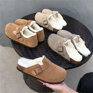 真毛软木厚底勃肯鞋女单鞋包头半拖2023新款冬季加绒bk博肯鞋